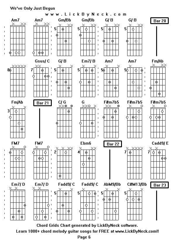 Chord Grids Chart of chord melody fingerstyle guitar song-We've Only Just Begun,generated by LickByNeck software.